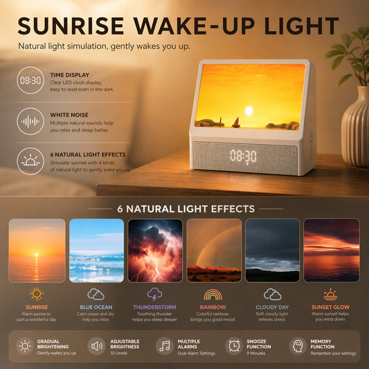 Sunrise Wake-Up Light Alarm Clock with 24 White Noise Sounds, Bluetooth Speaker & Multicolor Ambient Light – Snooze, Light & Sound Alarm, Auto-Off Timer – OEM/ODM Available