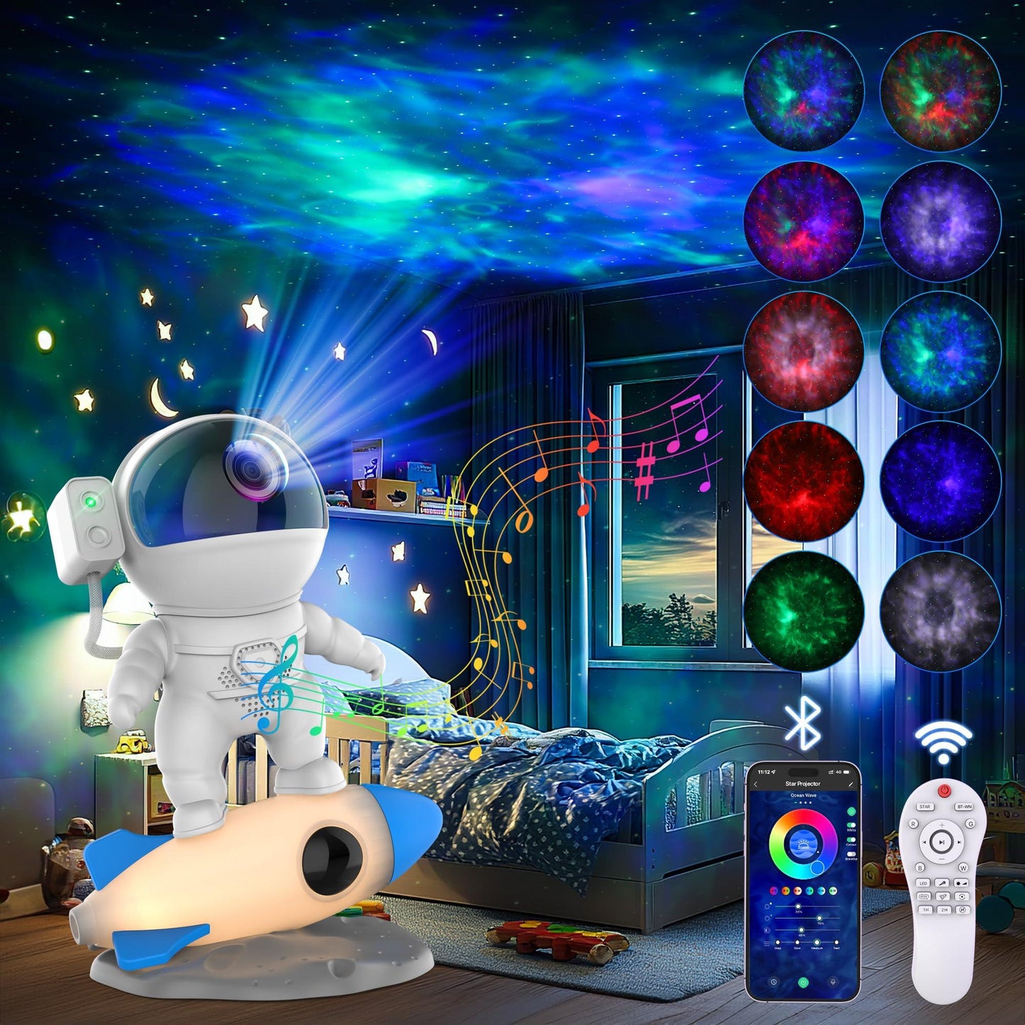 Astronaut Sternenprojektor Nebel Raketenlampe mit Bluetooth-Lautsprecher & Weißem Rauschen – 4-in-1 Verbessertes Design, 10 Nebeleffekte, 360° drehbar, App- & Fernbedienung – OEM/ODM verfügbar