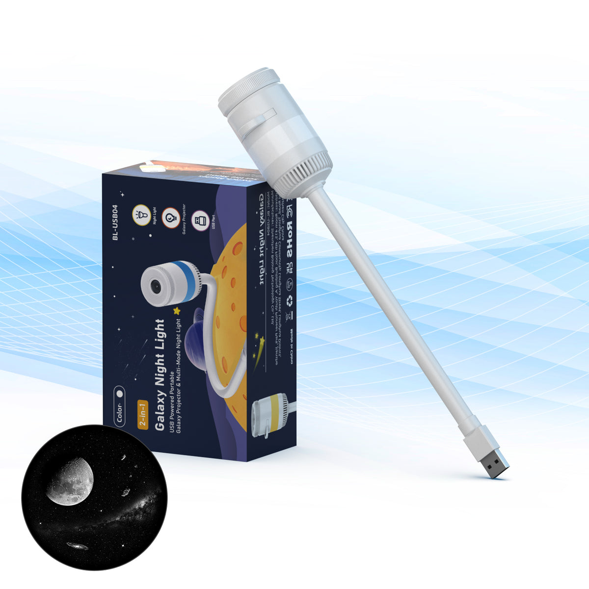 USB Galaxy Star Projector with RGB Night Light & Flexible Gooseneck