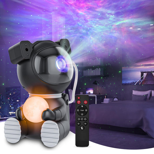 Proyector de galaxias astronauta con lámpara lunar – Luz nocturna de estrellas y nebulosas, rotación magnética de 360°, control remoto, temporizador para dormitorio infantil – OEM/ODM disponible