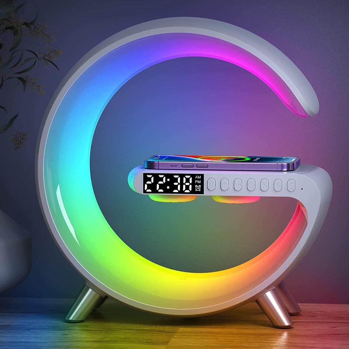 4-in-1 Smart LED Table Lamp with Wireless Charger & Bluetooth Speaker – Alarm Clock, App Control Dimmable Night Light for Bedroom & Office – OEM/ODM Available