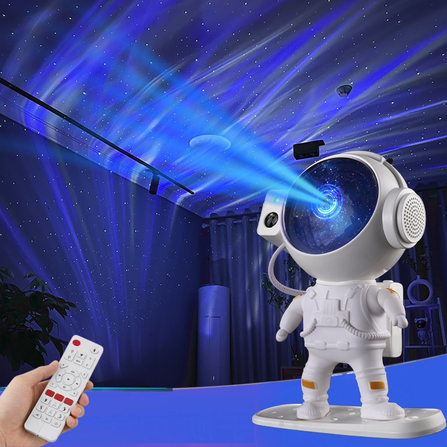 Proyector Astronauta Galaxia con Altavoz Bluetooth y Ruido Blanco – 16 Efectos de Aurora, Luz Nocturna con Rotación Magnética 360°, Control Remoto, Temporizador – OEM/ODM Disponible