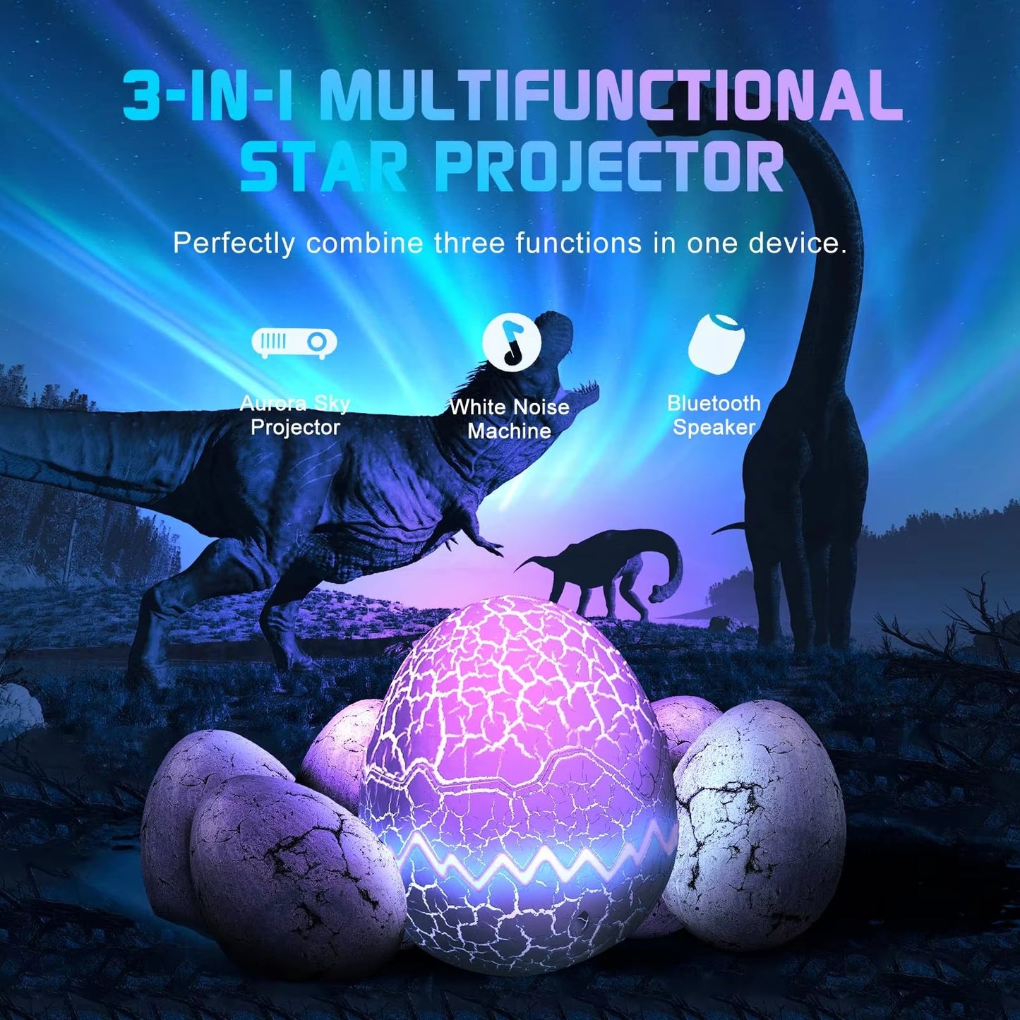3-in-1 Dinosaur Egg Aurora Projector 33 Light Effects & BT Speaker White Noise & Timer Kids Bedroom Gift Decor  OEM