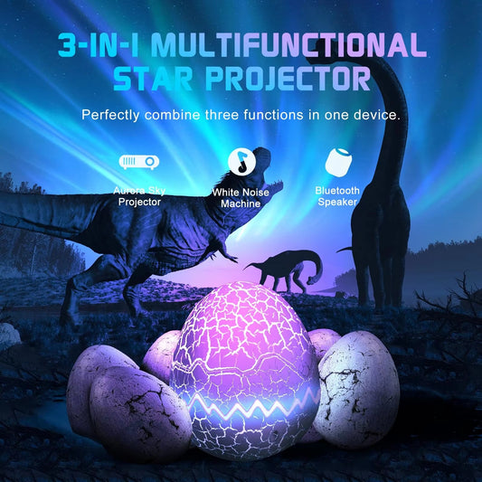3-in-1 Dinosaur Egg Aurora Projector 33 Light Effects & BT Speaker White Noise & Timer Kids Bedroom Gift Decor  OEM