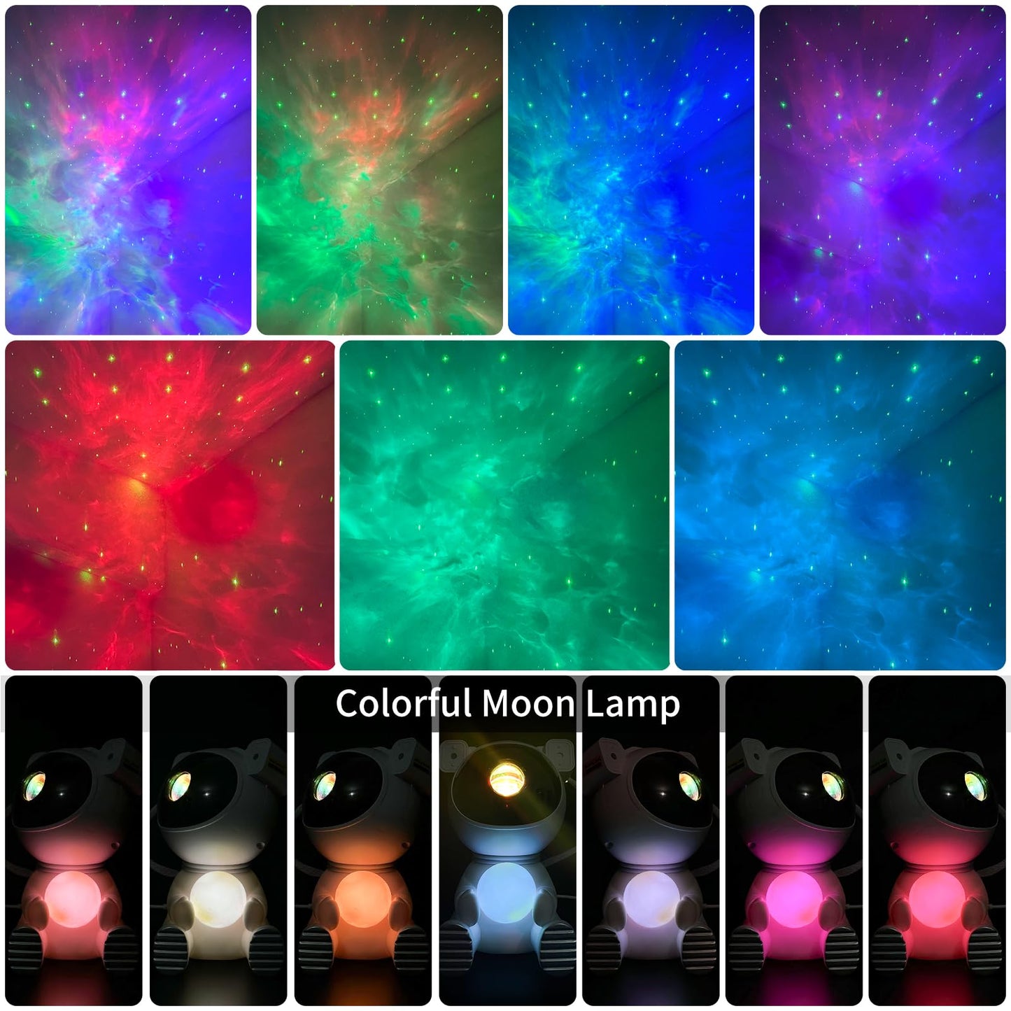 Proyector de galaxias astronauta con lámpara lunar – Luz nocturna de estrellas y nebulosas, rotación magnética de 360°, control remoto, temporizador para dormitorio infantil – OEM/ODM disponible