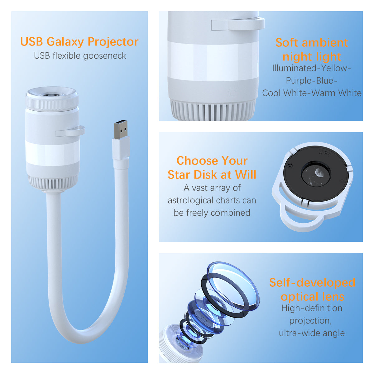 USB Galaxy Star Projector with RGB Night Light & Flexible Gooseneck