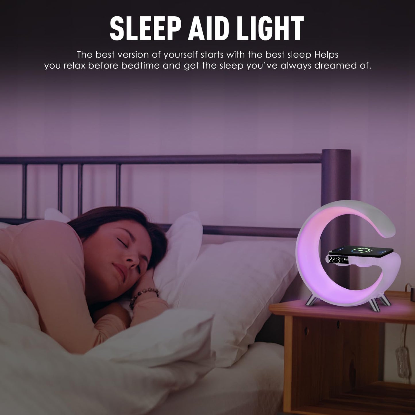 4-in-1 Smart LED Table Lamp with Wireless Charger & Bluetooth Speaker – Alarm Clock, App Control Dimmable Night Light for Bedroom & Office – OEM/ODM Available