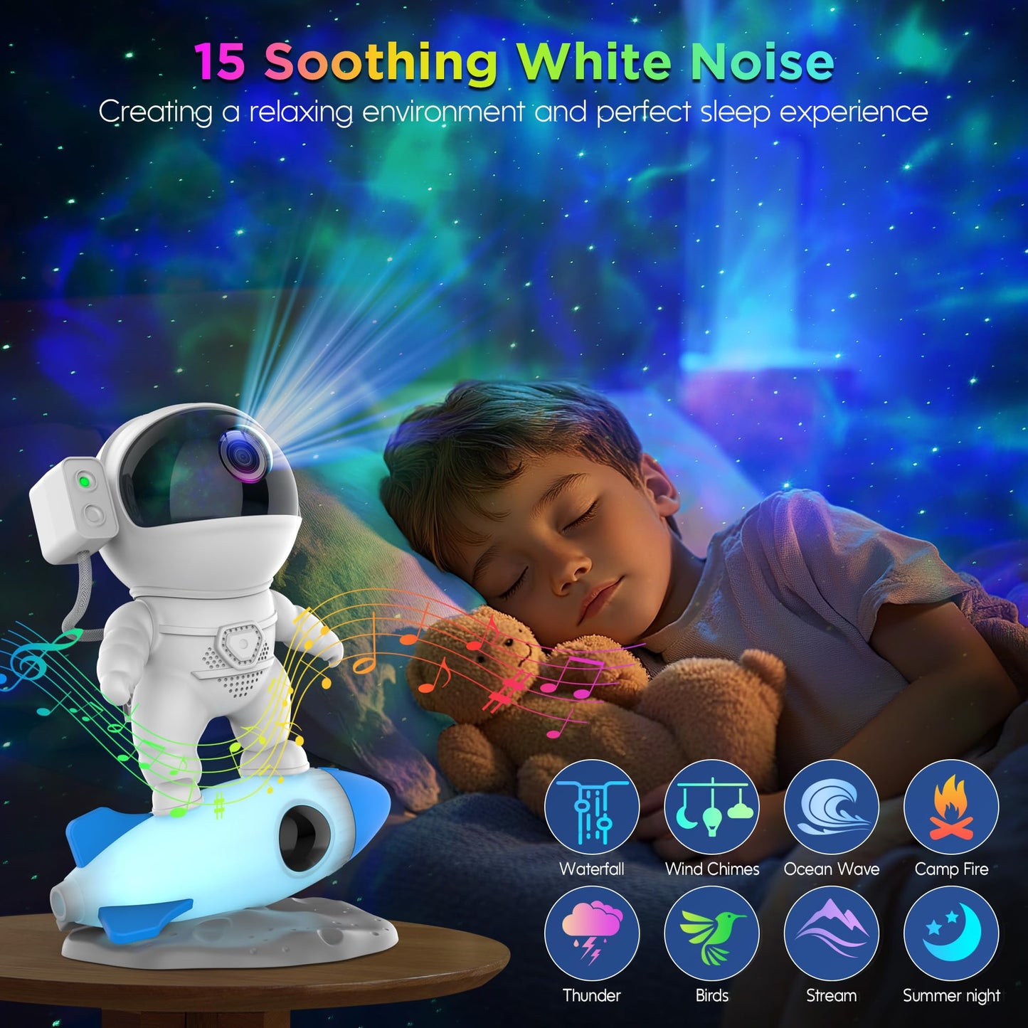 Astronaut Sternenprojektor Nebel Raketenlampe mit Bluetooth-Lautsprecher & Weißem Rauschen – 4-in-1 Verbessertes Design, 10 Nebeleffekte, 360° drehbar, App- & Fernbedienung – OEM/ODM verfügbar