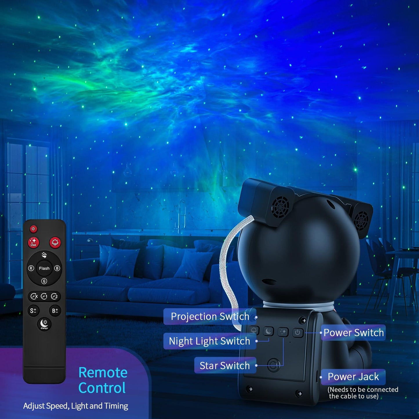 Proyector de galaxias astronauta con lámpara lunar – Luz nocturna de estrellas y nebulosas, rotación magnética de 360°, control remoto, temporizador para dormitorio infantil – OEM/ODM disponible