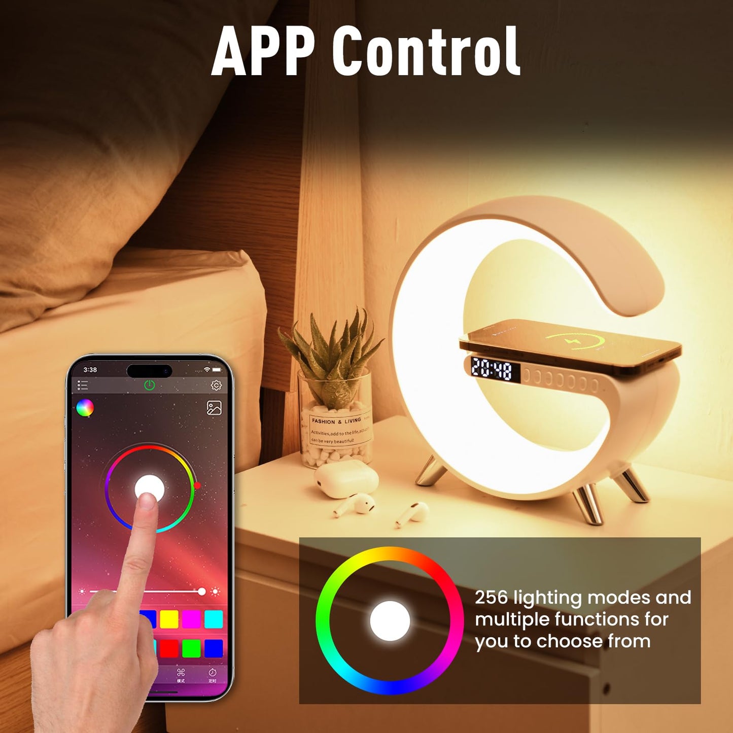 4-in-1 Smart LED Table Lamp with Wireless Charger & Bluetooth Speaker – Alarm Clock, App Control Dimmable Night Light for Bedroom & Office – OEM/ODM Available