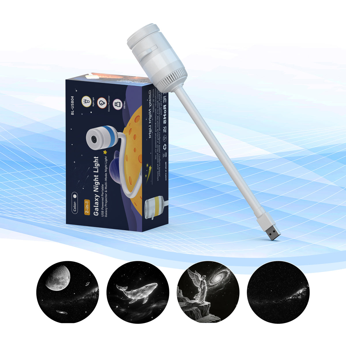 USB Galaxy Star Projector with RGB Night Light & Flexible Gooseneck