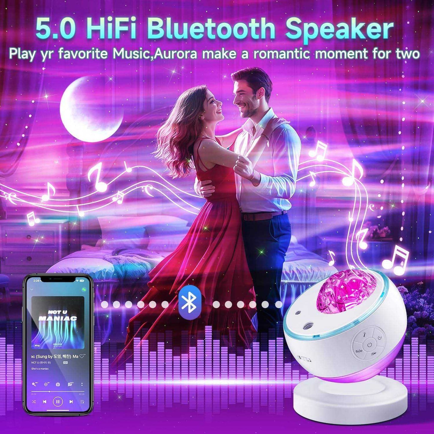 Aurora Galaxy Music Projector, Glacier Night Light, 16 Colors & 300 Modes, Bluetooth & White Noise, Home Decor Bedroom Gift OEM & Wholesale