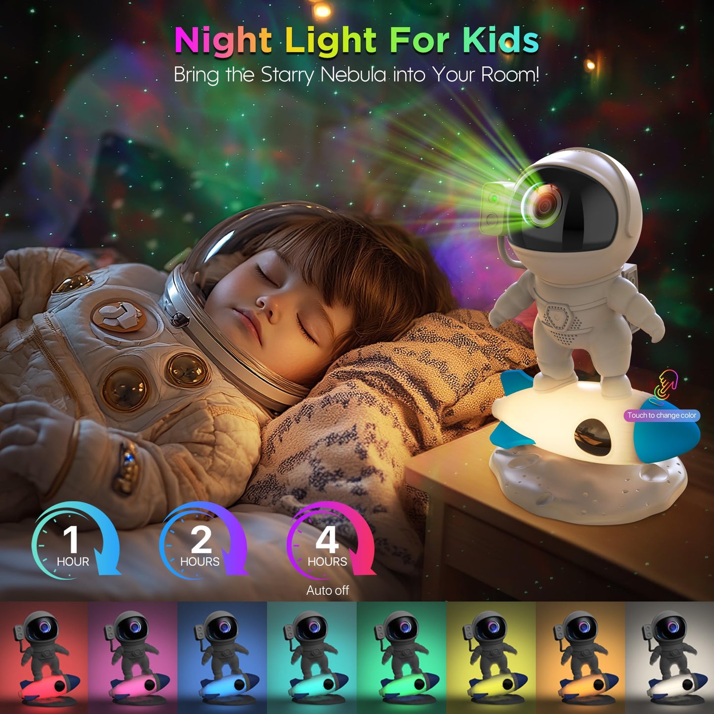 Astronaut Sternenprojektor Nebel Raketenlampe mit Bluetooth-Lautsprecher & Weißem Rauschen – 4-in-1 Verbessertes Design, 10 Nebeleffekte, 360° drehbar, App- & Fernbedienung – OEM/ODM verfügbar