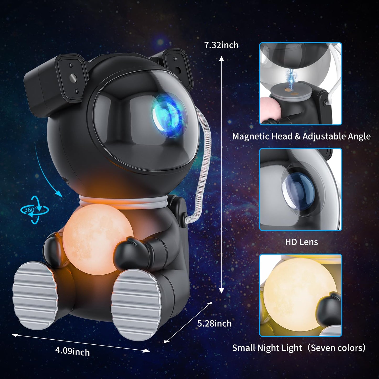 Proyector de galaxias astronauta con lámpara lunar – Luz nocturna de estrellas y nebulosas, rotación magnética de 360°, control remoto, temporizador para dormitorio infantil – OEM/ODM disponible