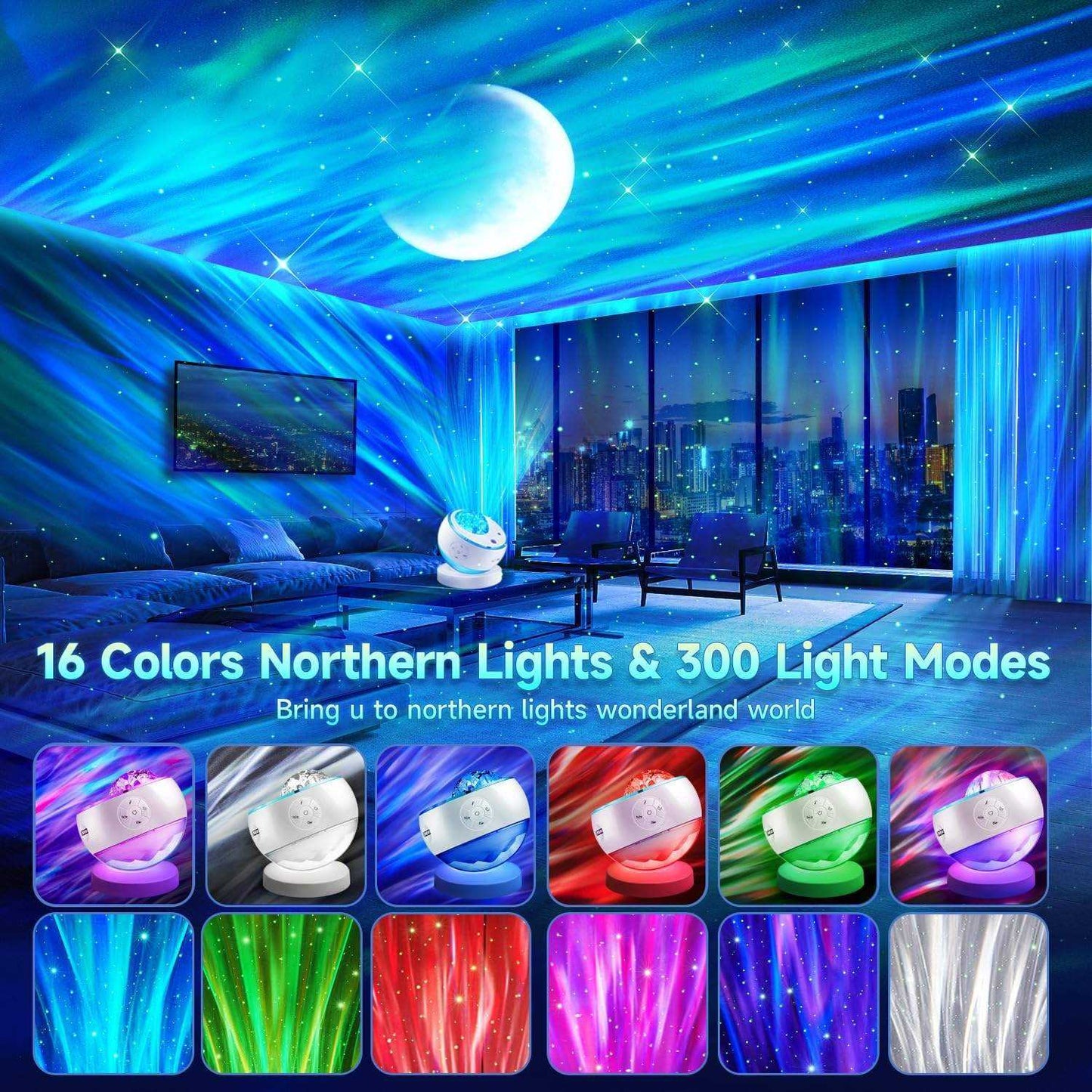 Aurora Galaxy Music Projector, Glacier Night Light, 16 Colors & 300 Modes, Bluetooth & White Noise, Home Decor Bedroom Gift OEM & Wholesale