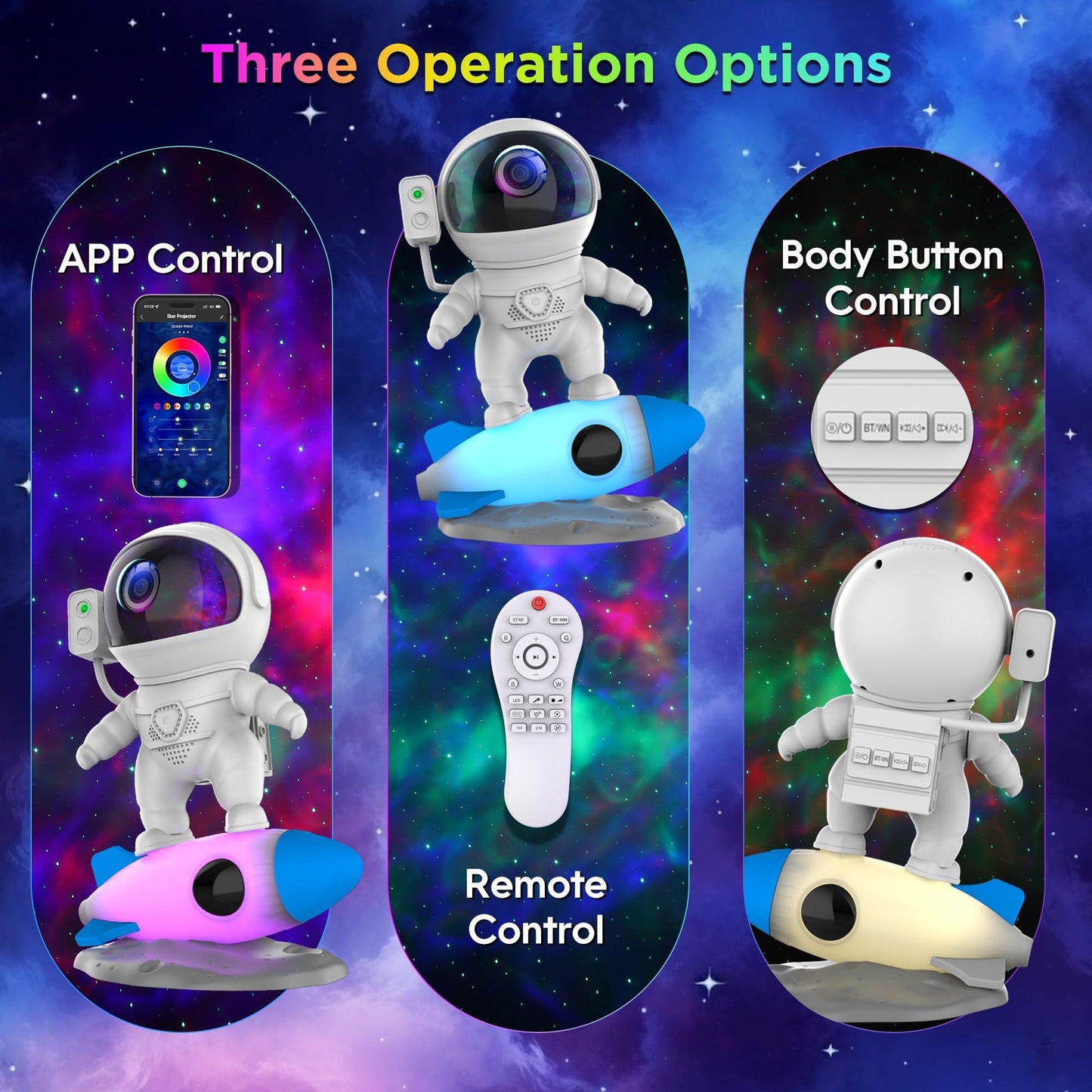 Astronaut Sternenprojektor Nebel Raketenlampe mit Bluetooth-Lautsprecher & Weißem Rauschen – 4-in-1 Verbessertes Design, 10 Nebeleffekte, 360° drehbar, App- & Fernbedienung – OEM/ODM verfügbar