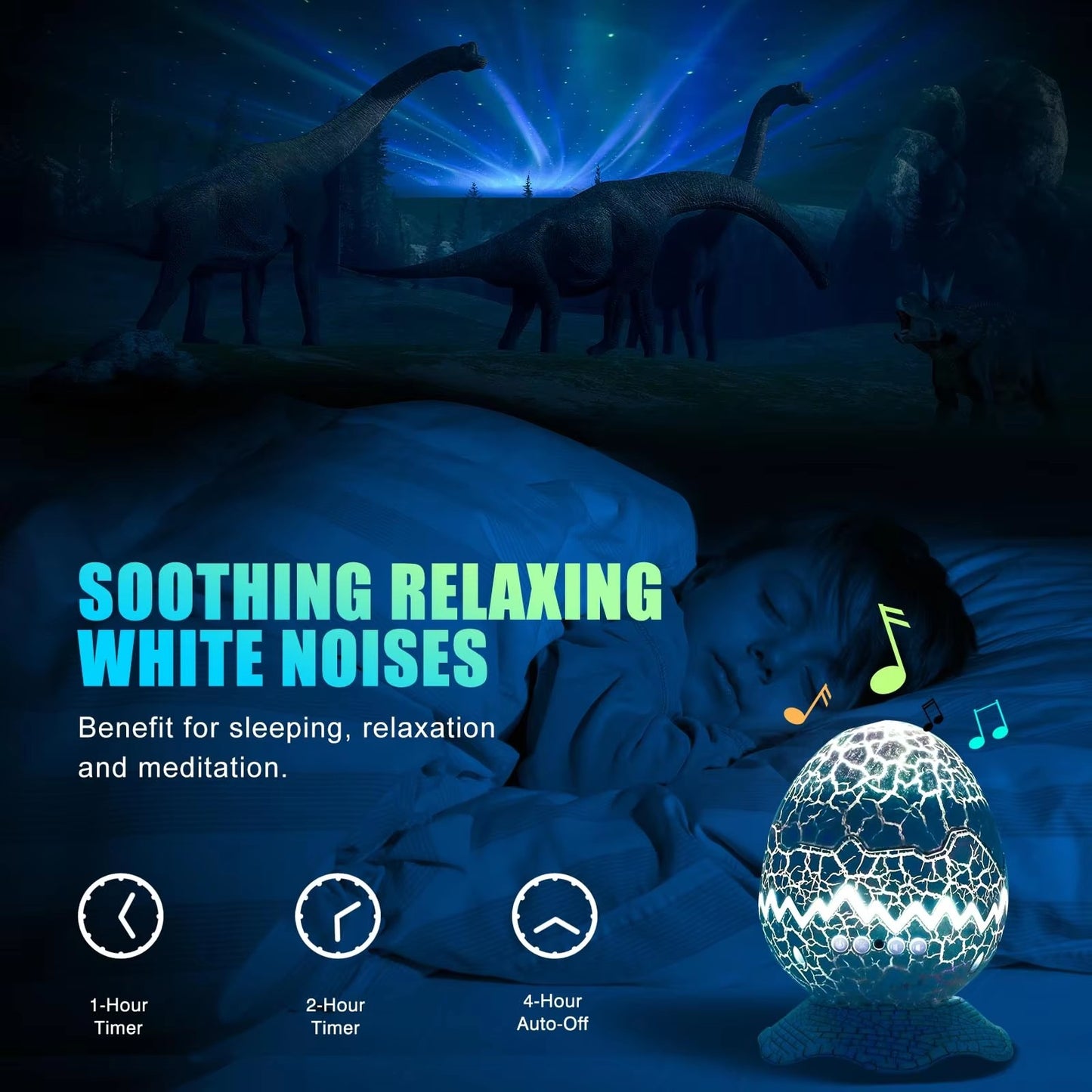 3-in-1 Dinosaur Egg Aurora Projector 33 Light Effects & BT Speaker White Noise & Timer Kids Bedroom Gift Decor  OEM