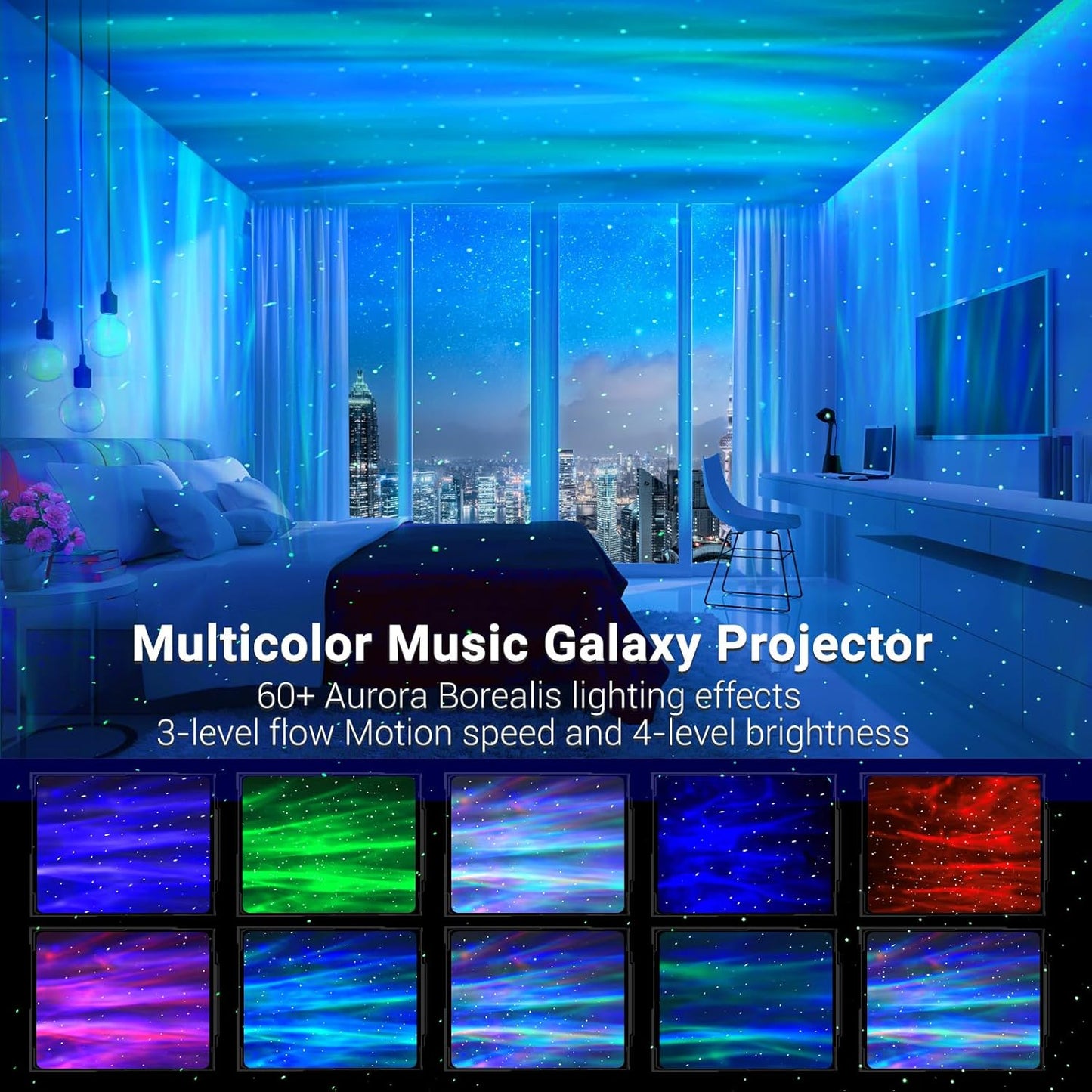 Proyector de Estrellas Galáctico Aurora con Altavoz Bluetooth – 15 Efectos Aurora, 5 Proyecciones Planetarias, Luz Nocturna Recargable, Control Remoto, Temporizador – OEM/ODM Disponible