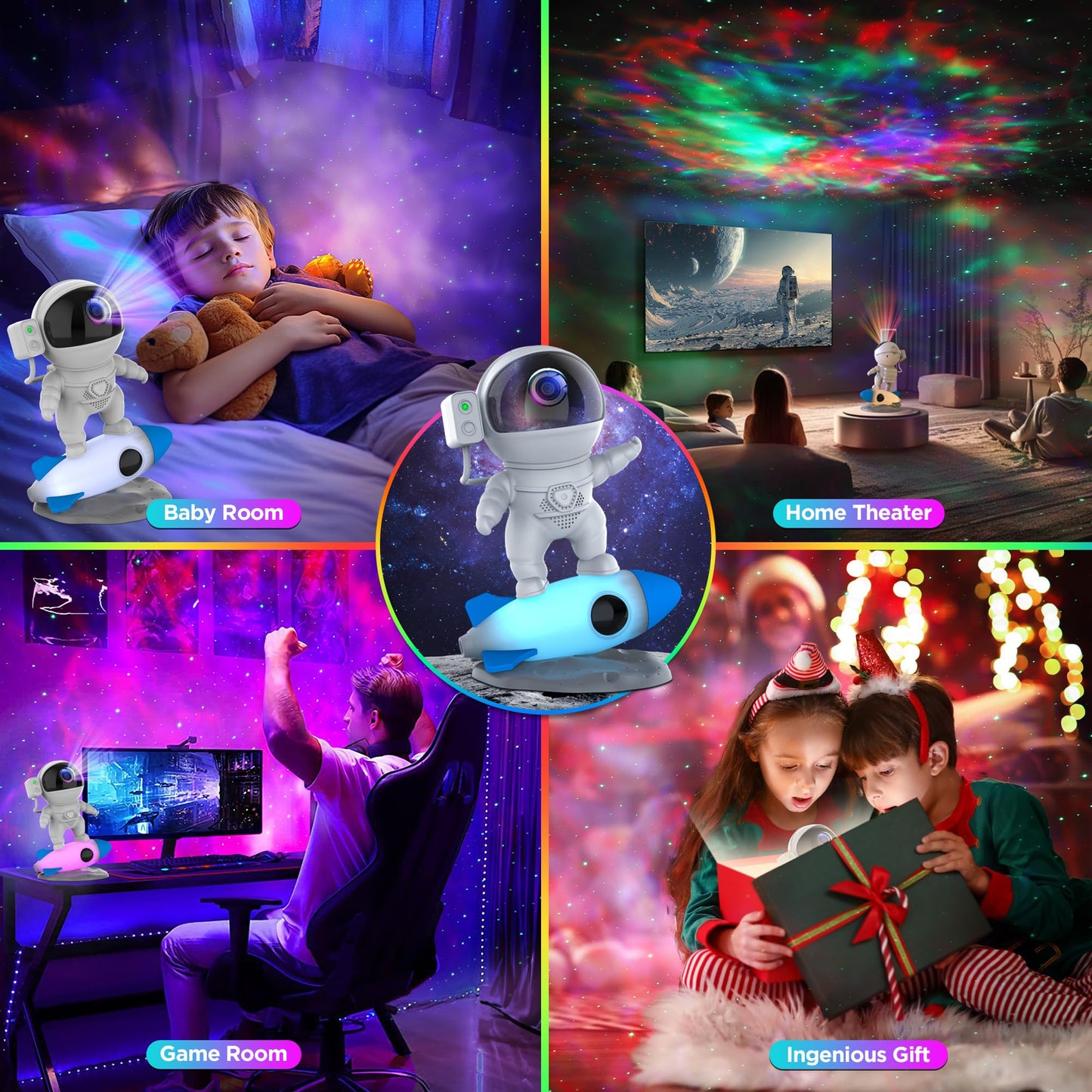 Astronaut Sternenprojektor Nebel Raketenlampe mit Bluetooth-Lautsprecher & Weißem Rauschen – 4-in-1 Verbessertes Design, 10 Nebeleffekte, 360° drehbar, App- & Fernbedienung – OEM/ODM verfügbar