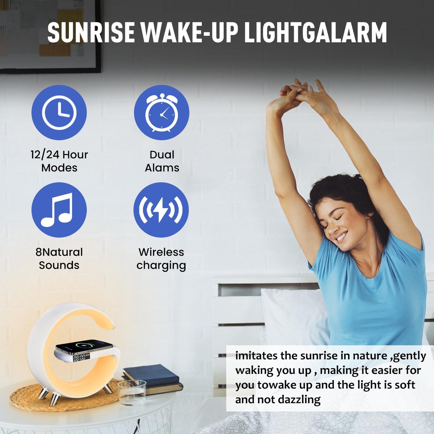 4-in-1 Smart LED Table Lamp with Wireless Charger & Bluetooth Speaker – Alarm Clock, App Control Dimmable Night Light for Bedroom & Office – OEM/ODM Available