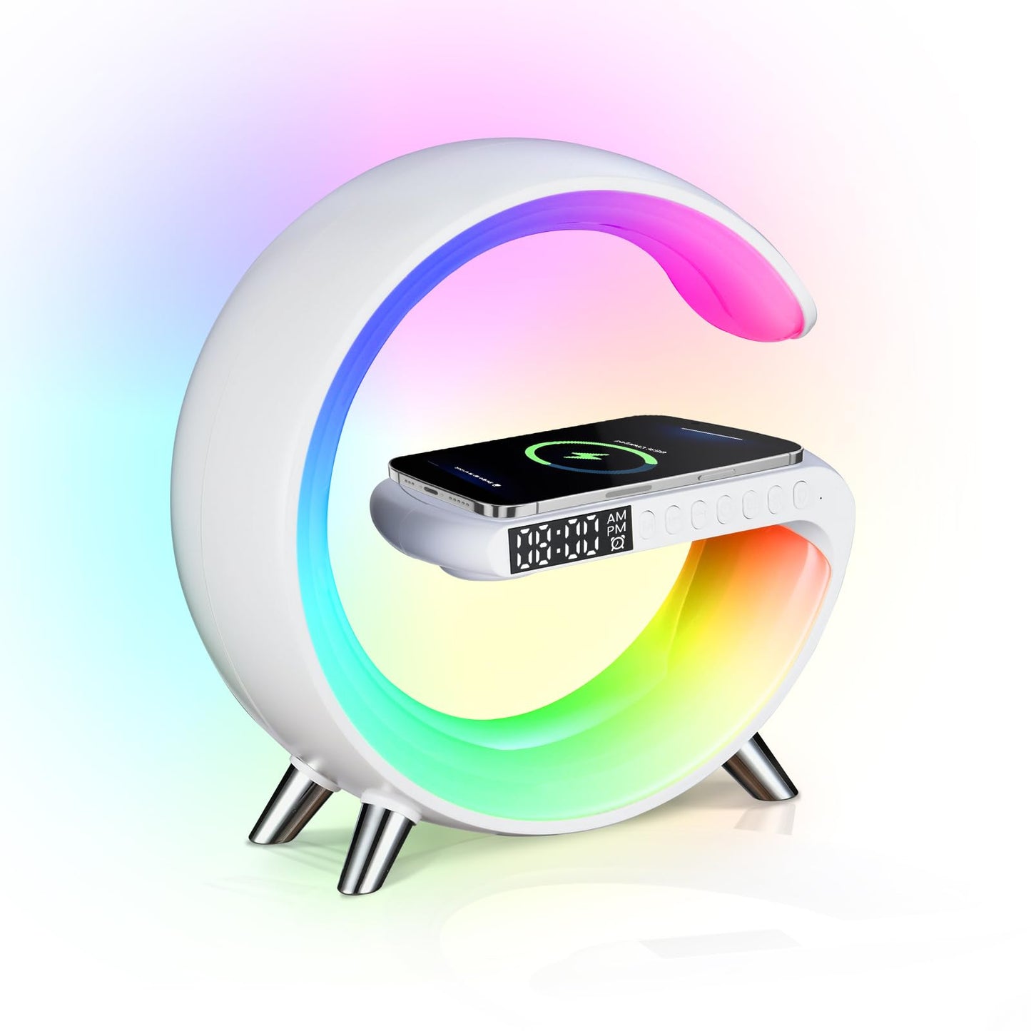 4-in-1 Smart LED Table Lamp with Wireless Charger & Bluetooth Speaker – Alarm Clock, App Control Dimmable Night Light for Bedroom & Office – OEM/ODM Available