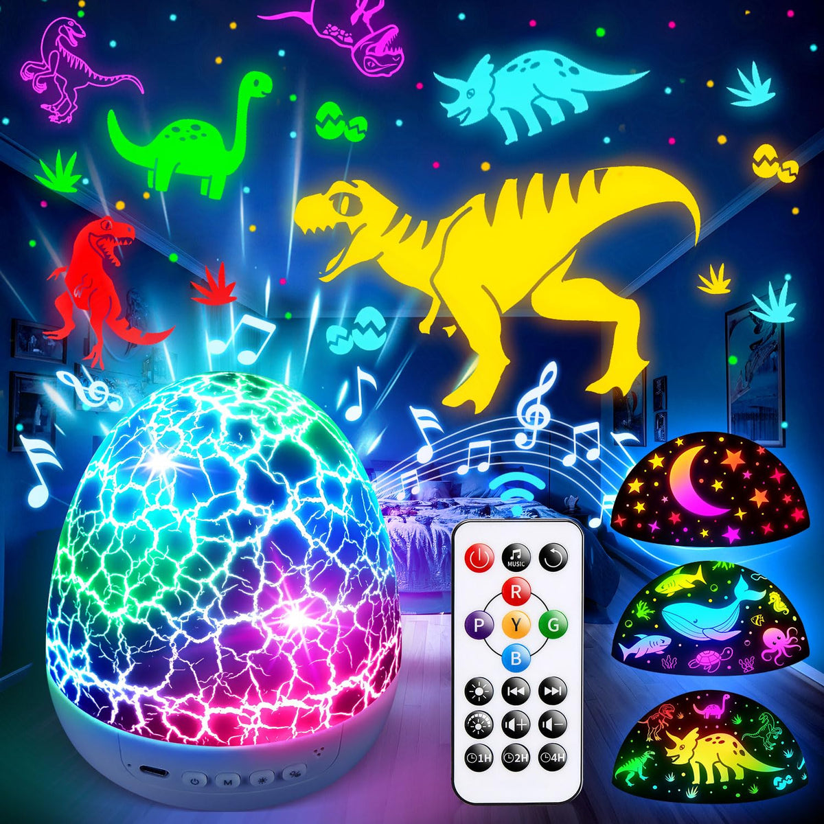 Dinosaur Egg Kids Night Light Projector – 31 Colors & 3 Films & 15 Soothing Sounds & Remote Timer – Easter Gift & Room Decor – OEM/ODM Availabl
