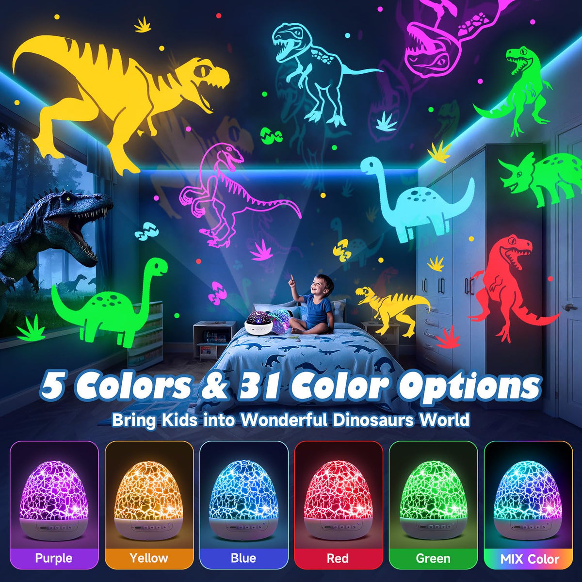 Dinosaur Egg Kids Night Light Projector – 31 Colors & 3 Films & 15 Soothing Sounds & Remote Timer – Easter Gift & Room Decor – OEM/ODM Availabl