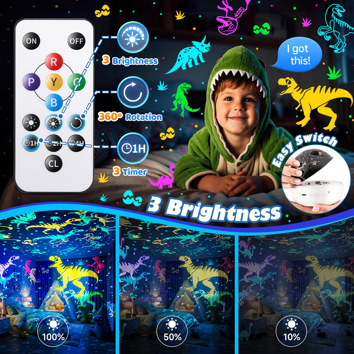 Dinosaur Egg Kids Night Light Projector – 31 Colors & 3 Films & 15 Soothing Sounds & Remote Timer – Easter Gift & Room Decor – OEM/ODM Availabl