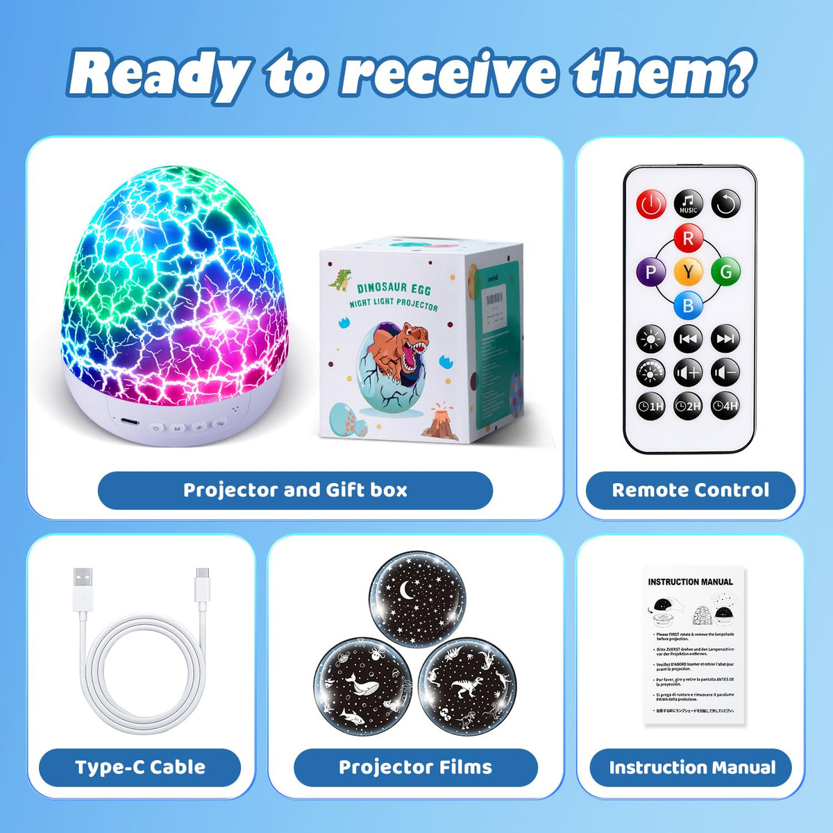 Dinosaur Egg Kids Night Light Projector – 31 Colors & 3 Films & 15 Soothing Sounds & Remote Timer – Easter Gift & Room Decor – OEM/ODM Availabl