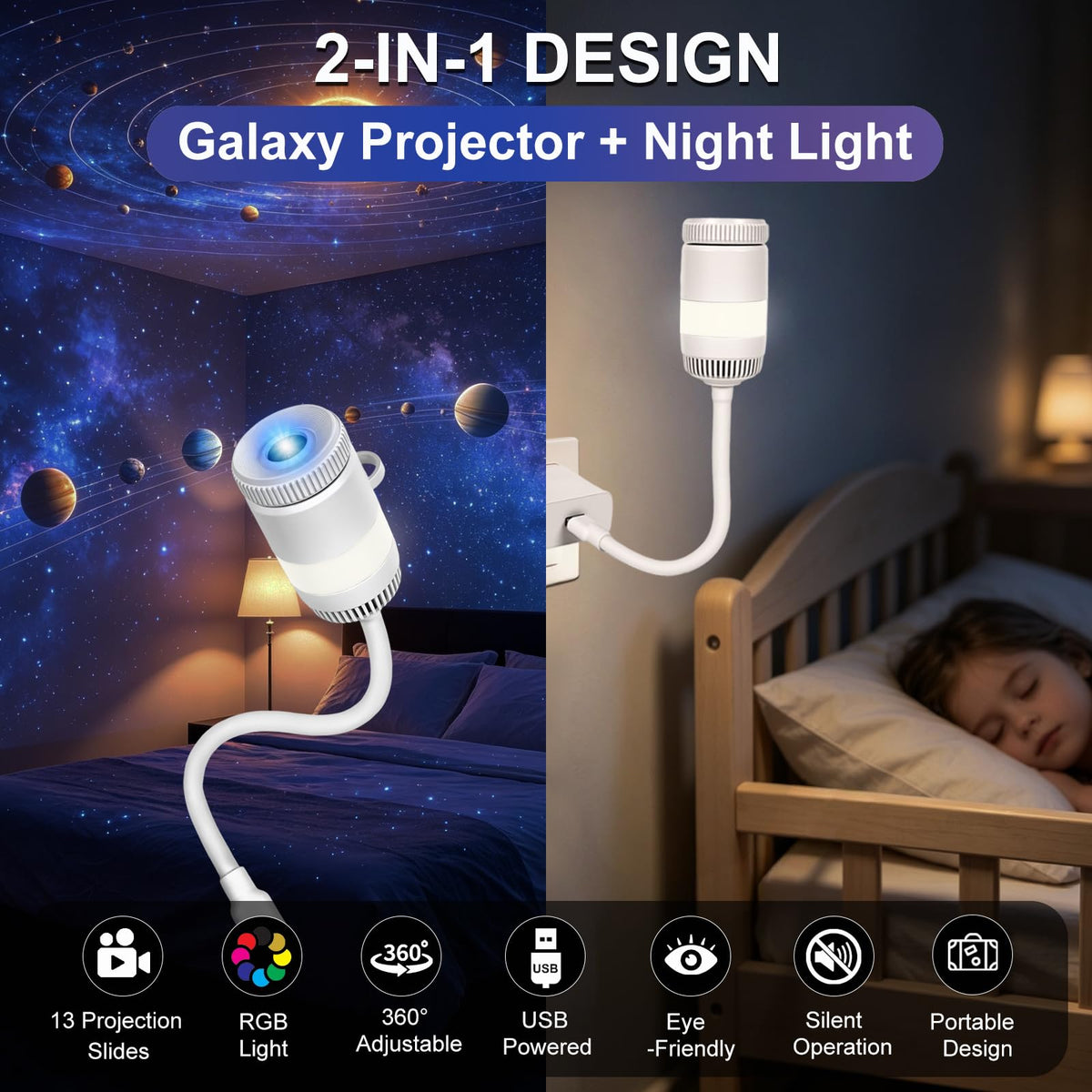 USB Galaxy Star Projector with RGB Night Light & Flexible Gooseneck