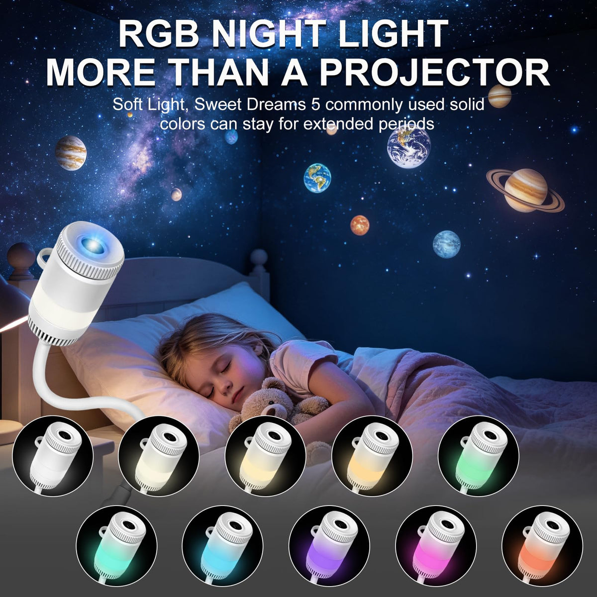 USB Galaxy Star Projector with RGB Night Light & Flexible Gooseneck