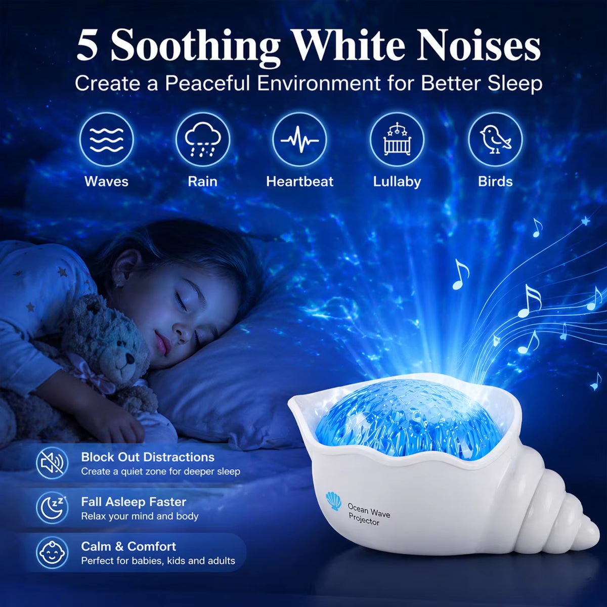Rechargeable Conch Aurora Ocean Wave Projector Night Light with White Noise & Adjustable Brightness OEM/ODM