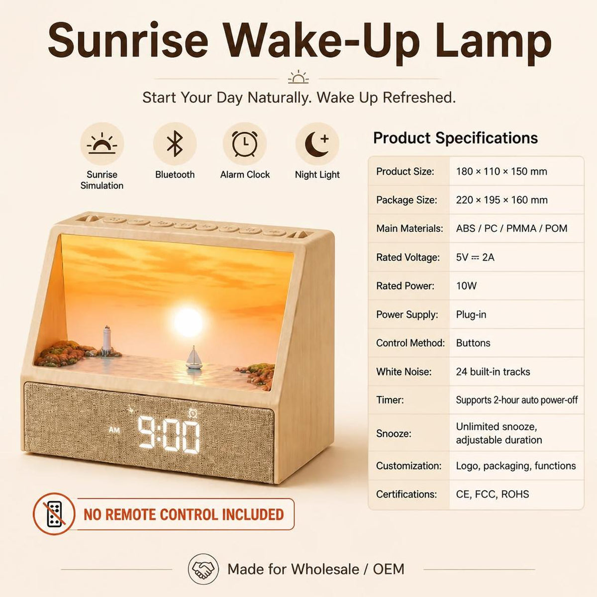 Sunrise Wake-Up Light Alarm Clock with 24 White Noise Sounds, Bluetooth Speaker & Multicolor Ambient Light – Snooze, Light & Sound Alarm, Auto-Off Timer – OEM/ODM Available