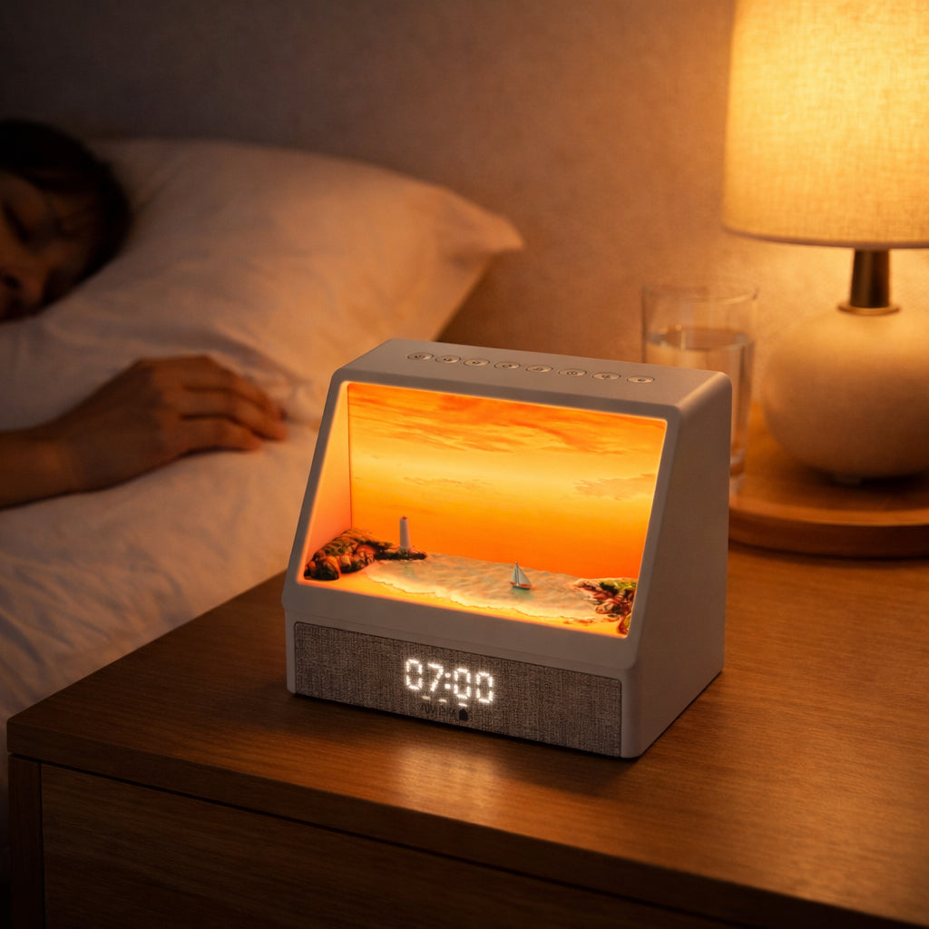 Sunrise Wake-Up Light Alarm Clock with 24 White Noise Sounds, Bluetooth Speaker & Multicolor Ambient Light – Snooze, Light & Sound Alarm, Auto-Off Timer – OEM/ODM Available