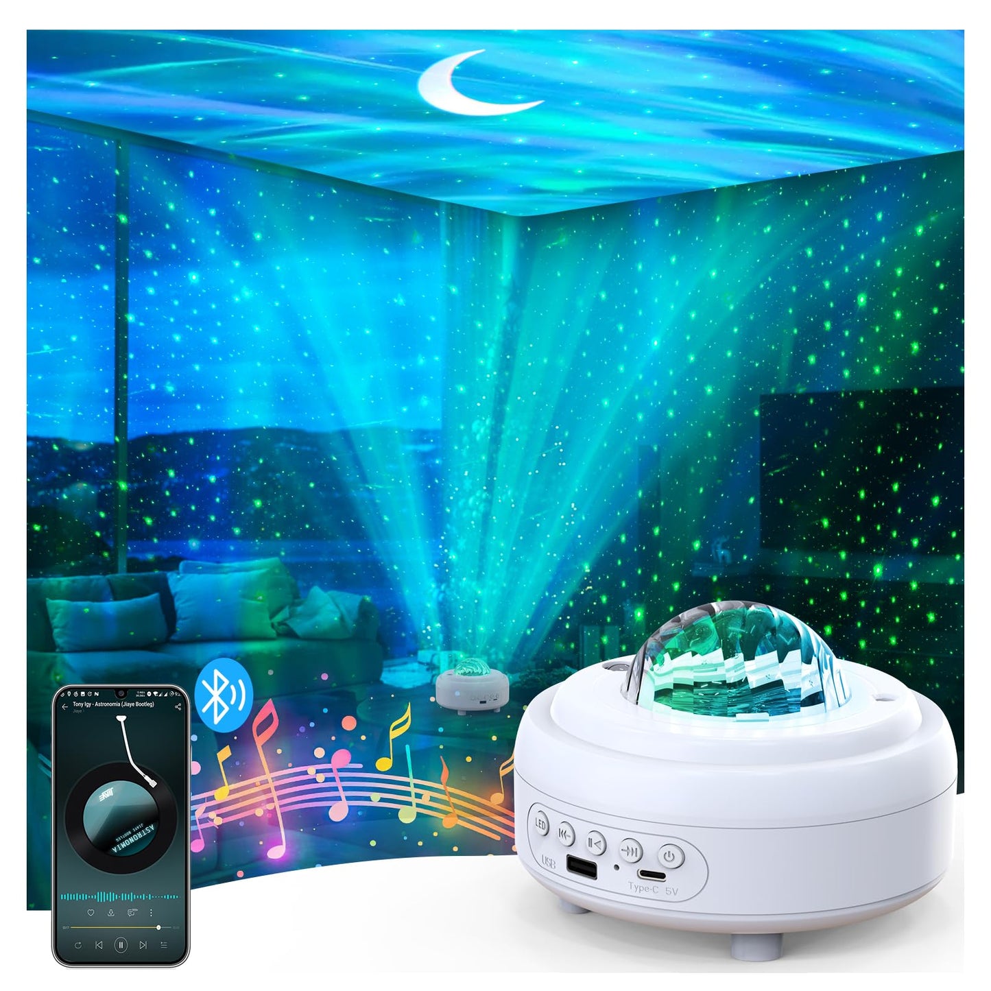 Galaxy Projector with Bluetooth Speaker Northern Lights Aurora Projector with 8 Modes Moon and Mood Ambient Lighting for Bedroom Kids Adults Room Cord Powered