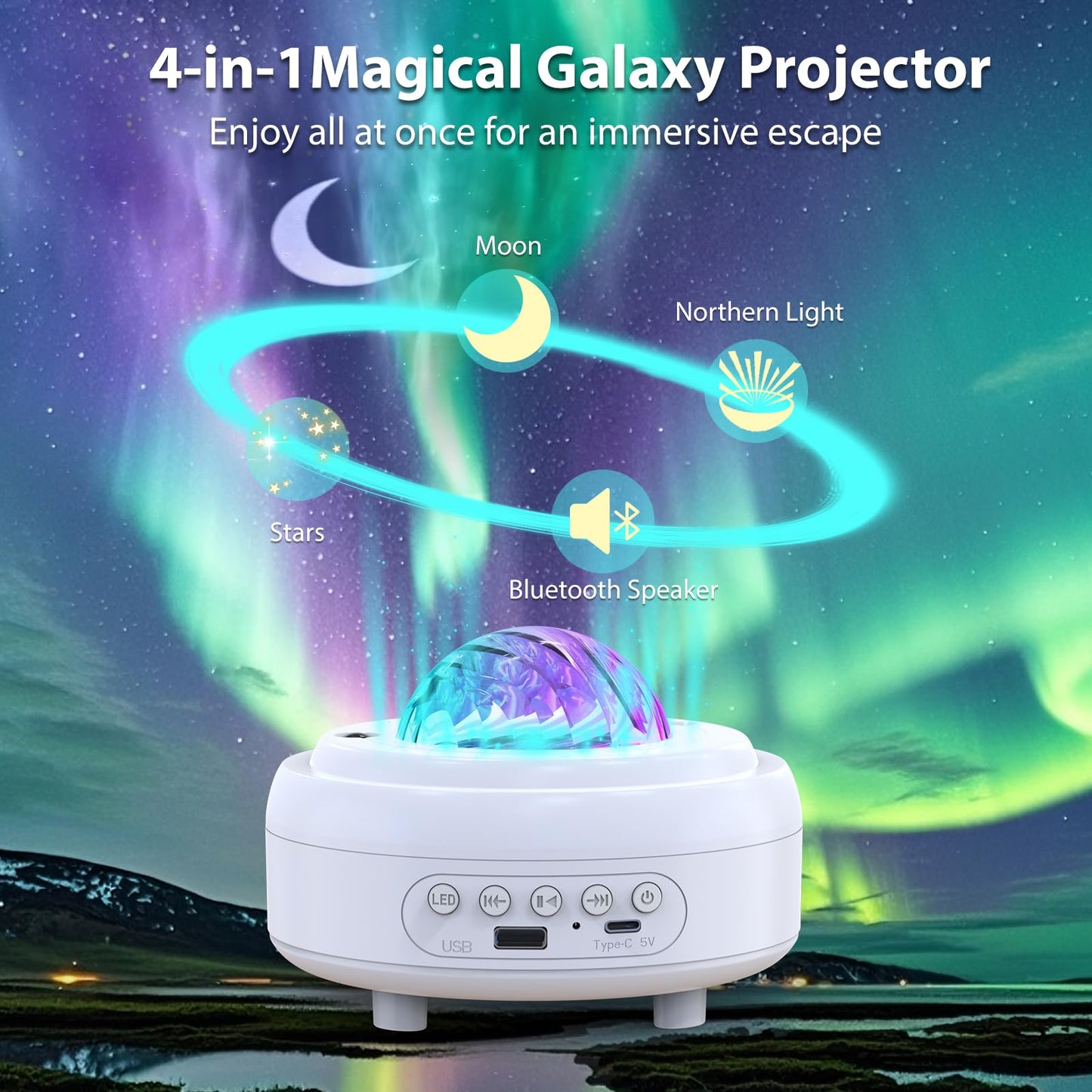 Galaxy Projector with Bluetooth Speaker Northern Lights Aurora Projector with 8 Modes Moon and Mood Ambient Lighting for Bedroom Kids Adults Room Cord Powered