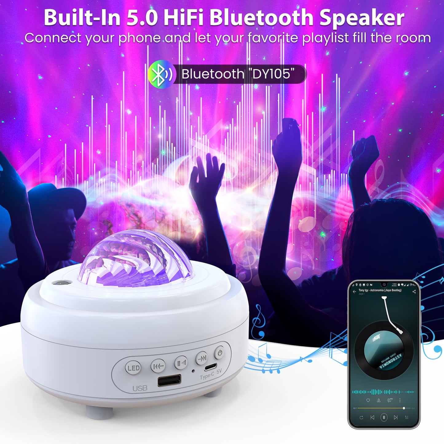 Galaxy Projector with Bluetooth Speaker Northern Lights Aurora Projector with 8 Modes Moon and Mood Ambient Lighting for Bedroom Kids Adults Room Cord Powered