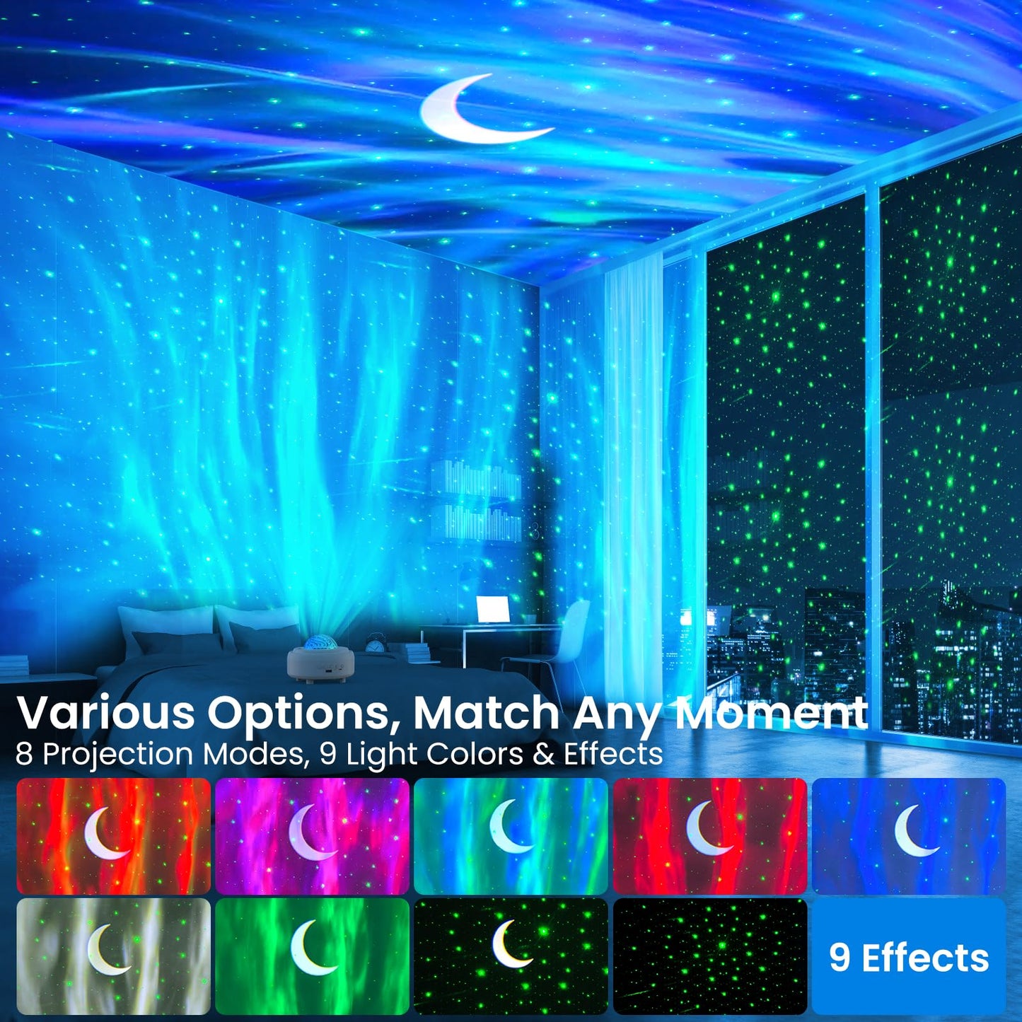 Galaxy Projector with Bluetooth Speaker Northern Lights Aurora Projector with 8 Modes Moon and Mood Ambient Lighting for Bedroom Kids Adults Room Cord Powered